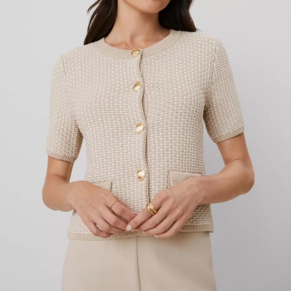 Ann Taylor petite geo stitch short sleeve cardigan